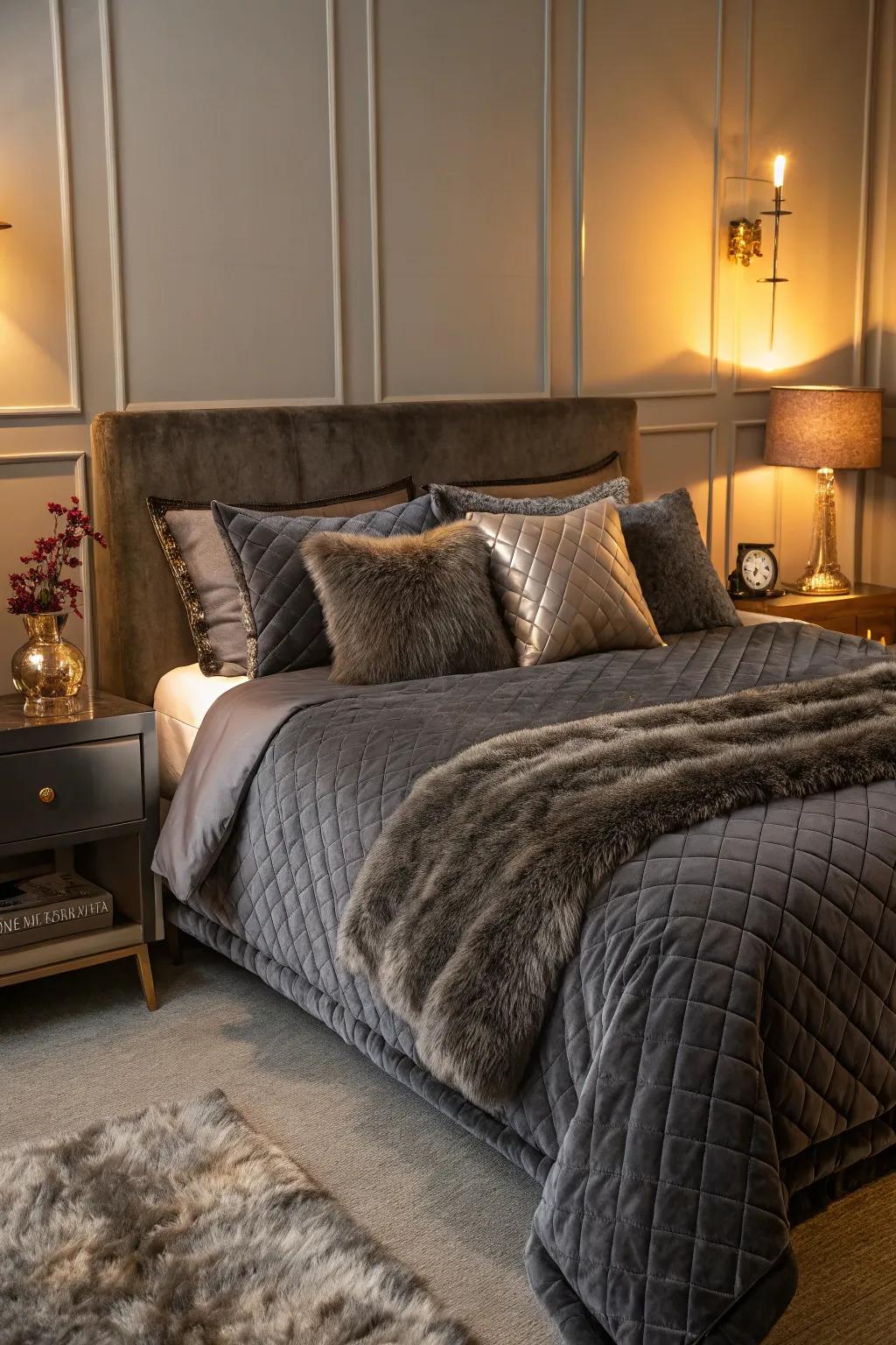 Velvet and faux fur create a luxurious atmosphere in your bedroom.