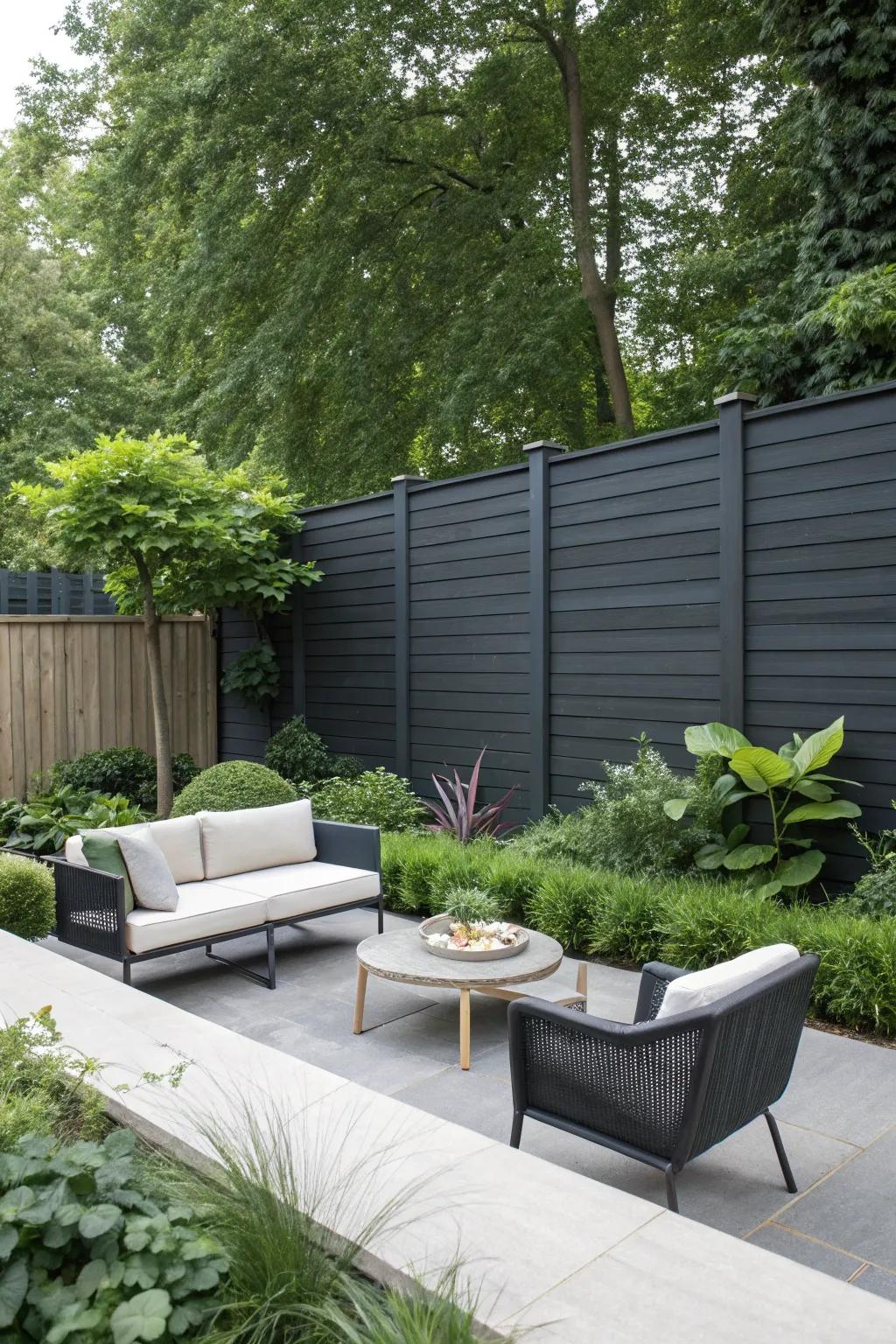 A minimalist garden showcasing a deep charcoal fence with clean lines and modern furniture.