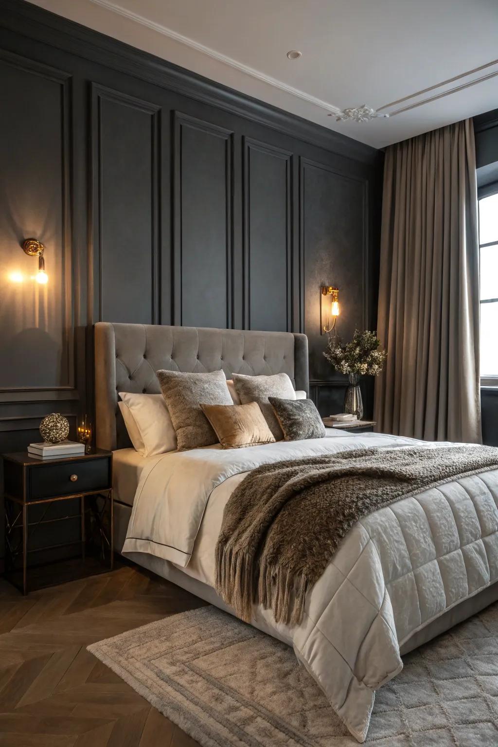 A dark grey bedroom, thoughtfully designed for ultimate rest and rejuvenation.