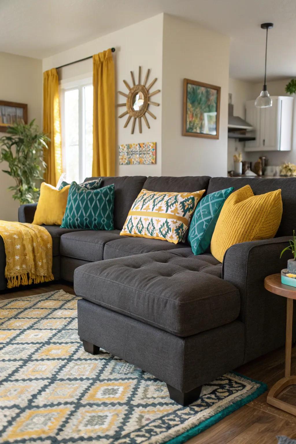 Striking accent shades have the power to transform your charcoal-toned sectional.