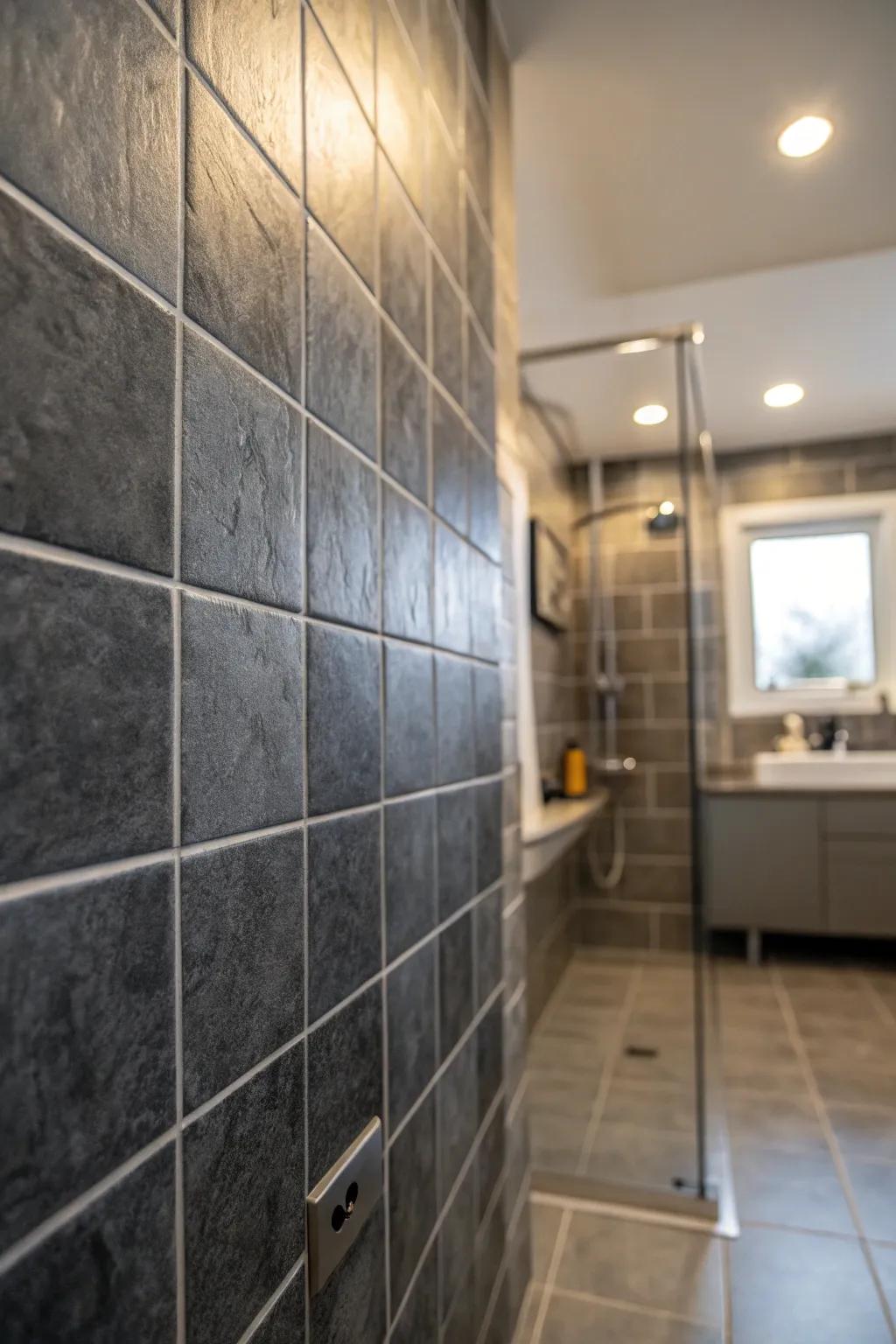Charcoal haze tiles provide a tranquil and soothing atmosphere in this shower space.
