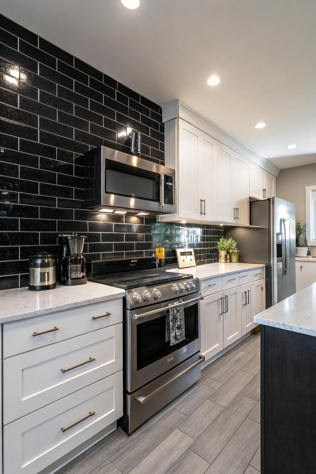 A kitchen showcasing a black subway tile backsplash with shiny stainless steel appliances.