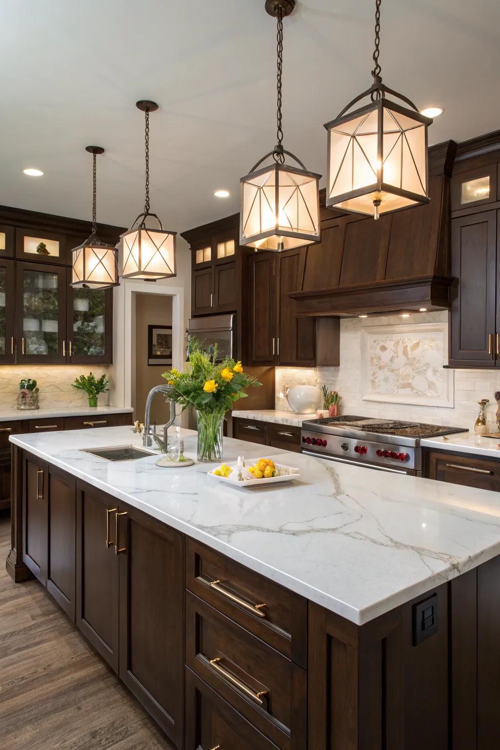 Dark cabinets are exquisitely juxtaposed with white marble countertops, achieving a balanced aesthetic.