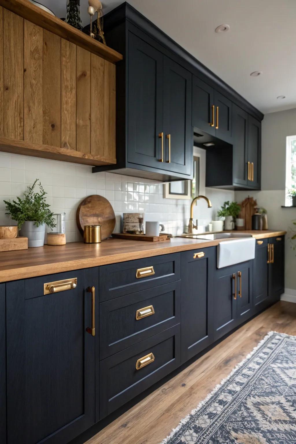 Graceful deep navy cabinets accented with golden hardware create an opulent kitchen setting.