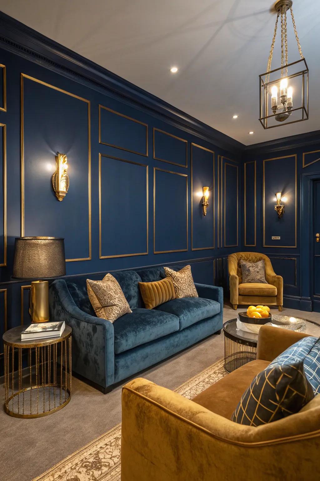 A dark living room featuring midnight blue walls and gold-accented decor.