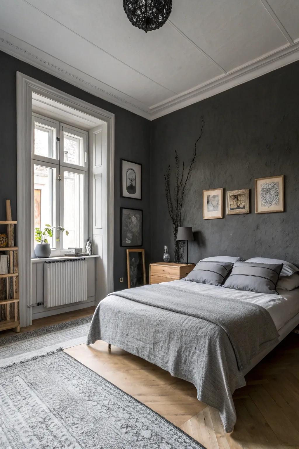 A bedroom featuring carbon walls and subtle gray highlights for an atmospheric yet harmonious aesthetic.