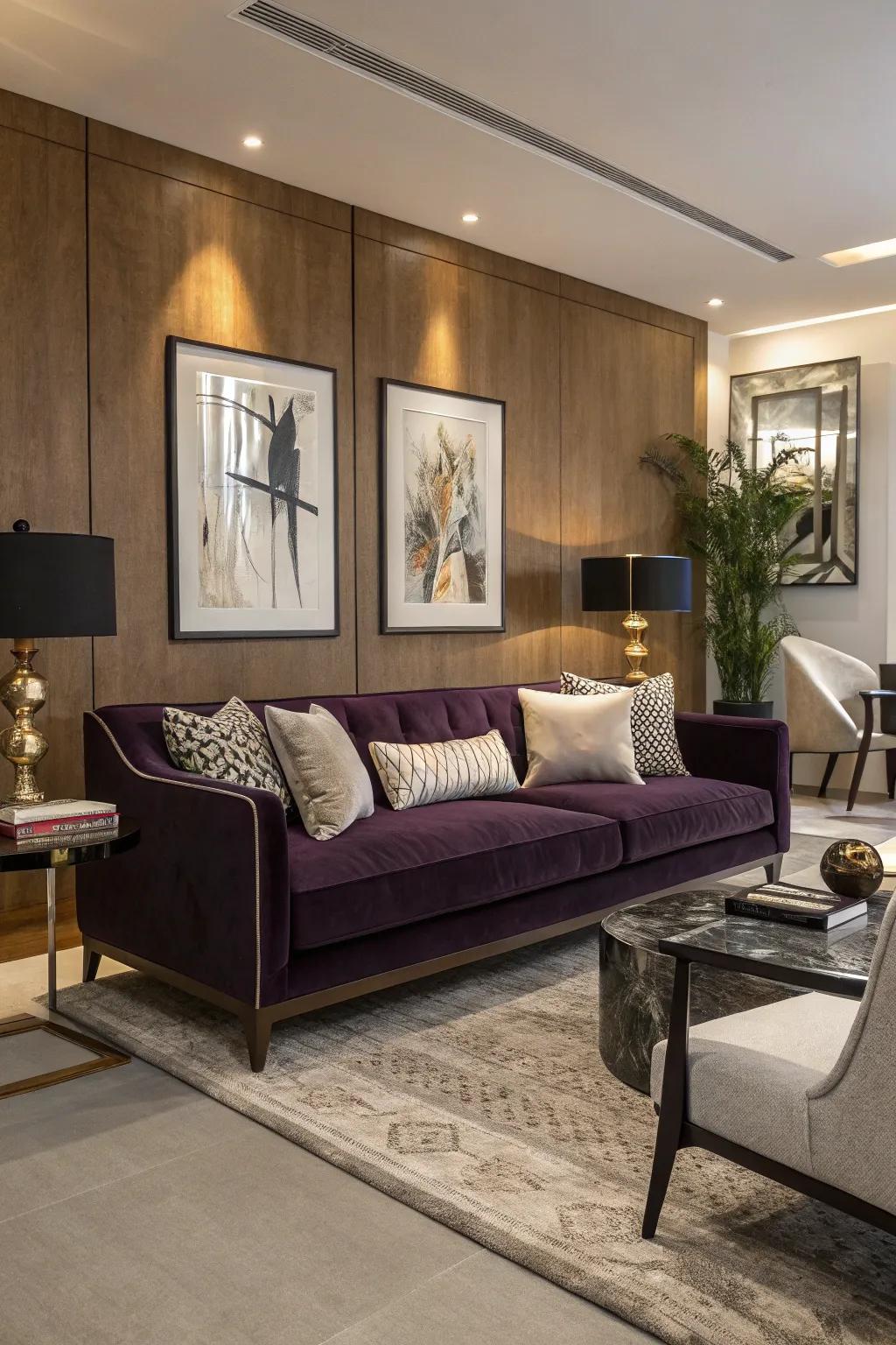 A deep violet velvet couch gives a stylish and comfortable feel to this contemporary living room.