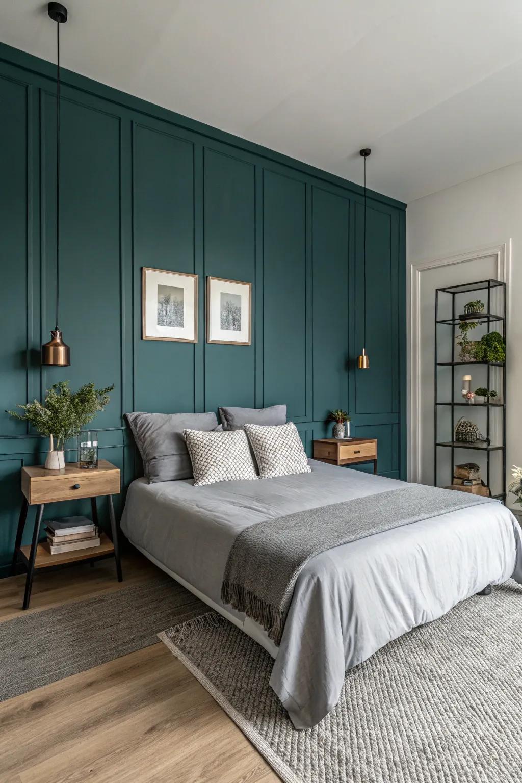 A dark teal accent wall brings depth and sophistication.