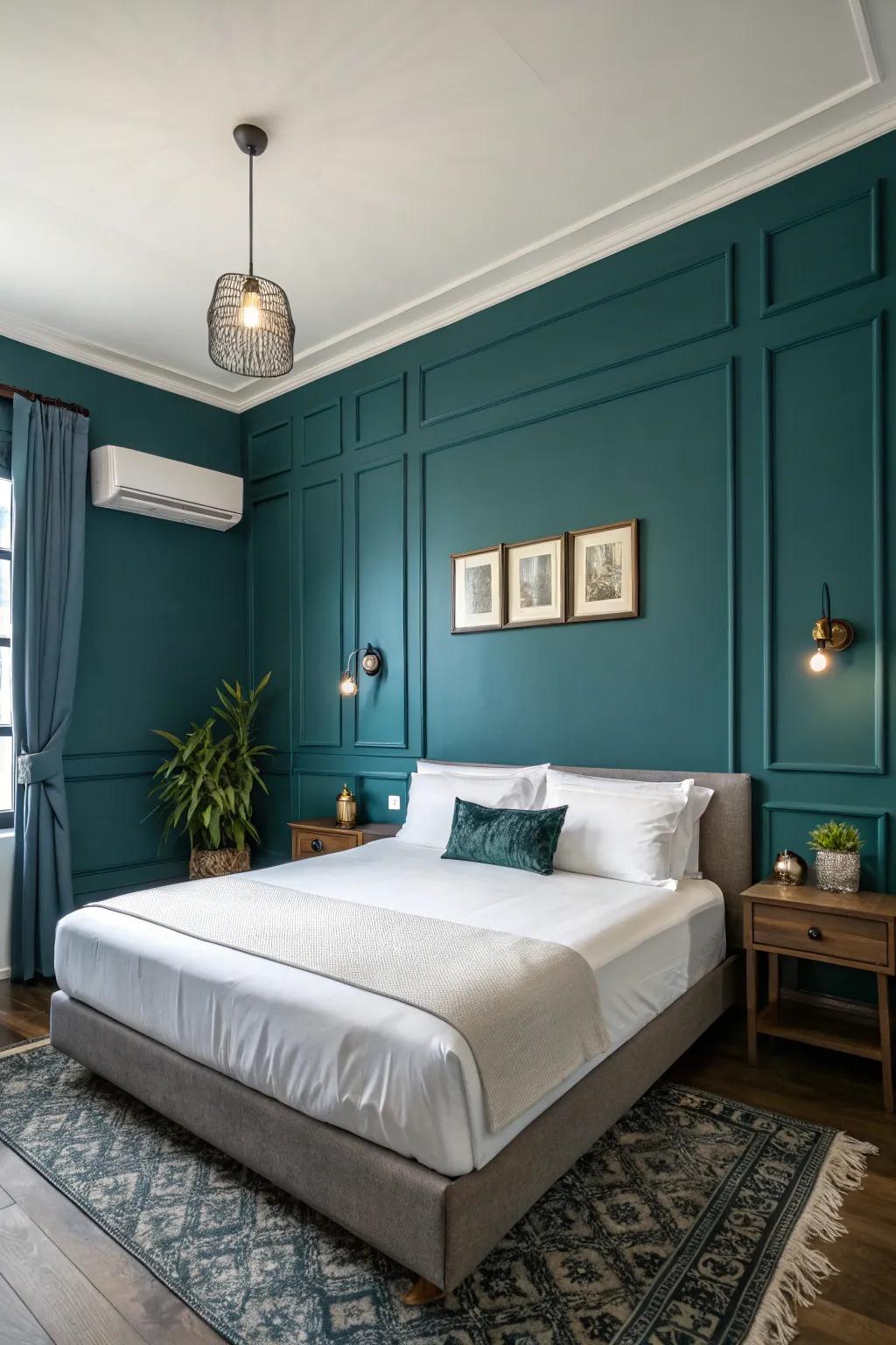 A deep teal focal wall establishes an eye-catching centerpiece.
