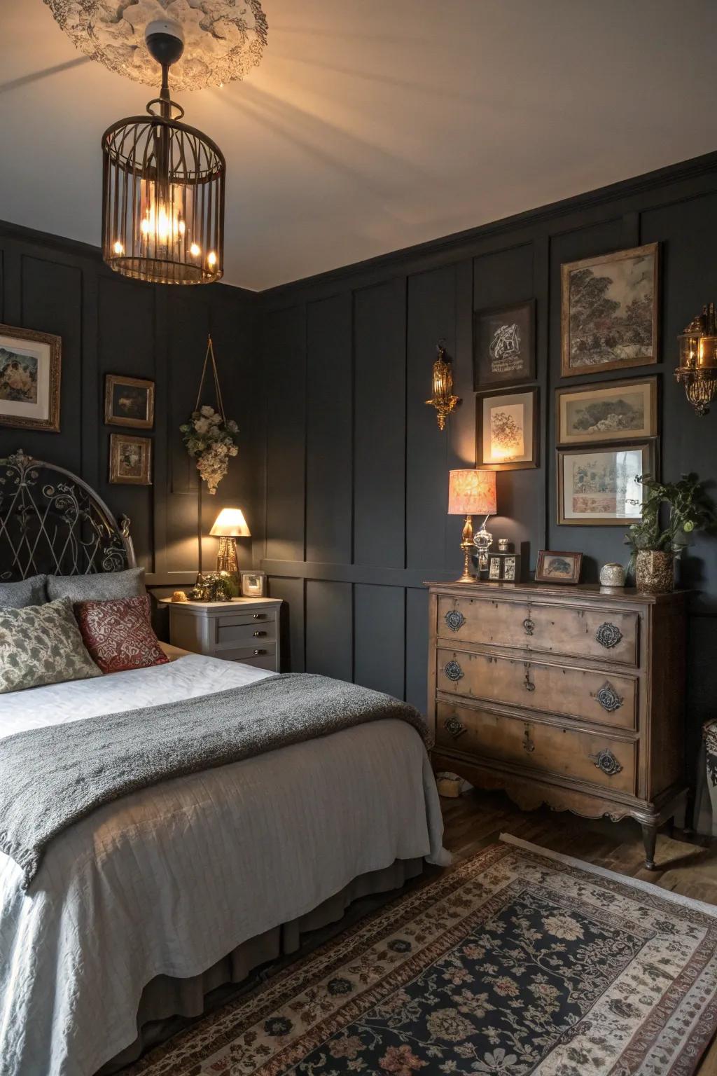 Deep charcoal walls offer a dramatic yet comforting foundation for a bedroom styled with vintage inspiration.