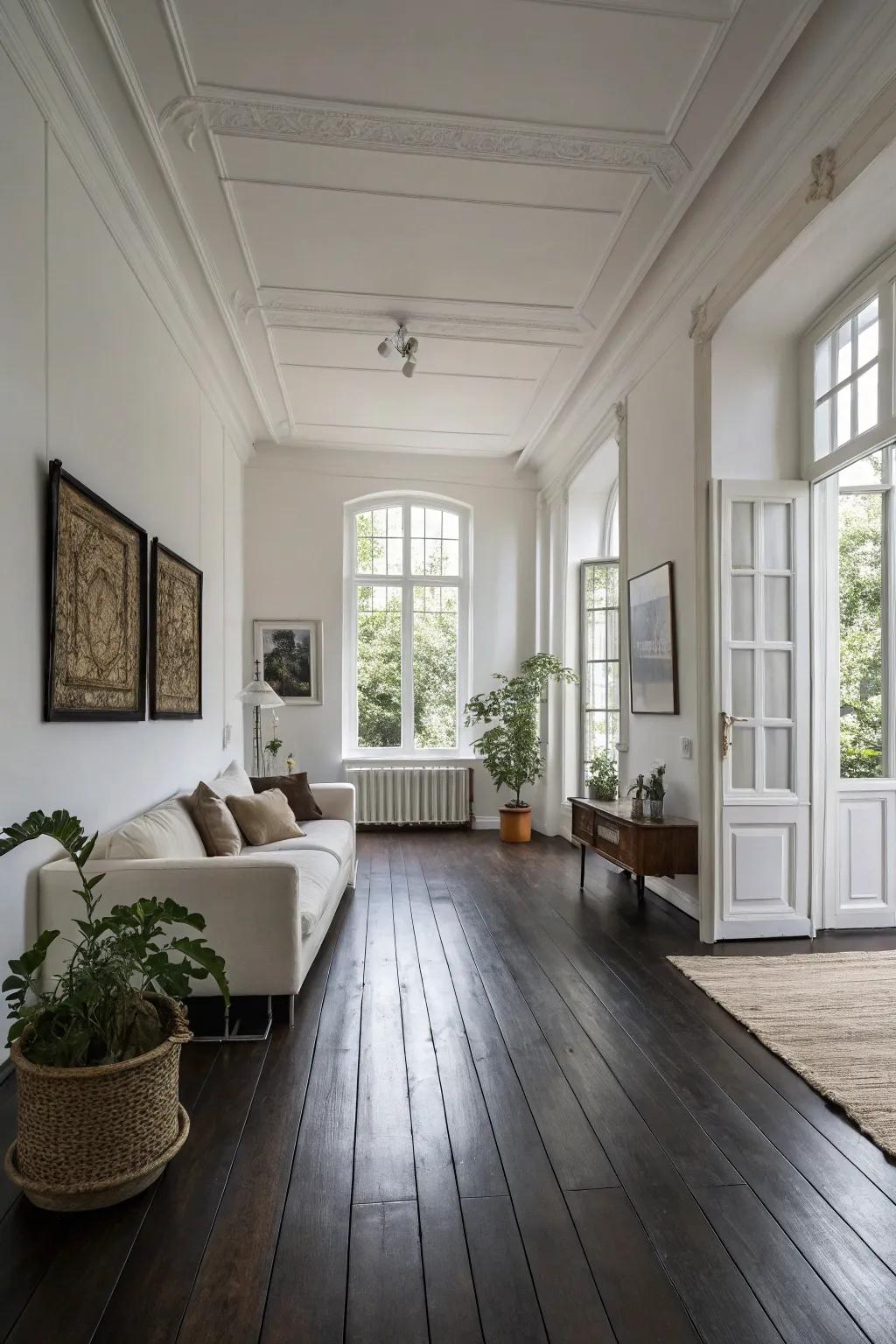 A simple living space is elevated with deep-toned wooden flooring meeting clean, white walls.