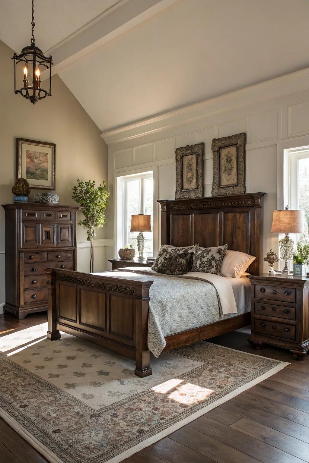 Bright walls beautifully contrast with dark wood furnishings.
