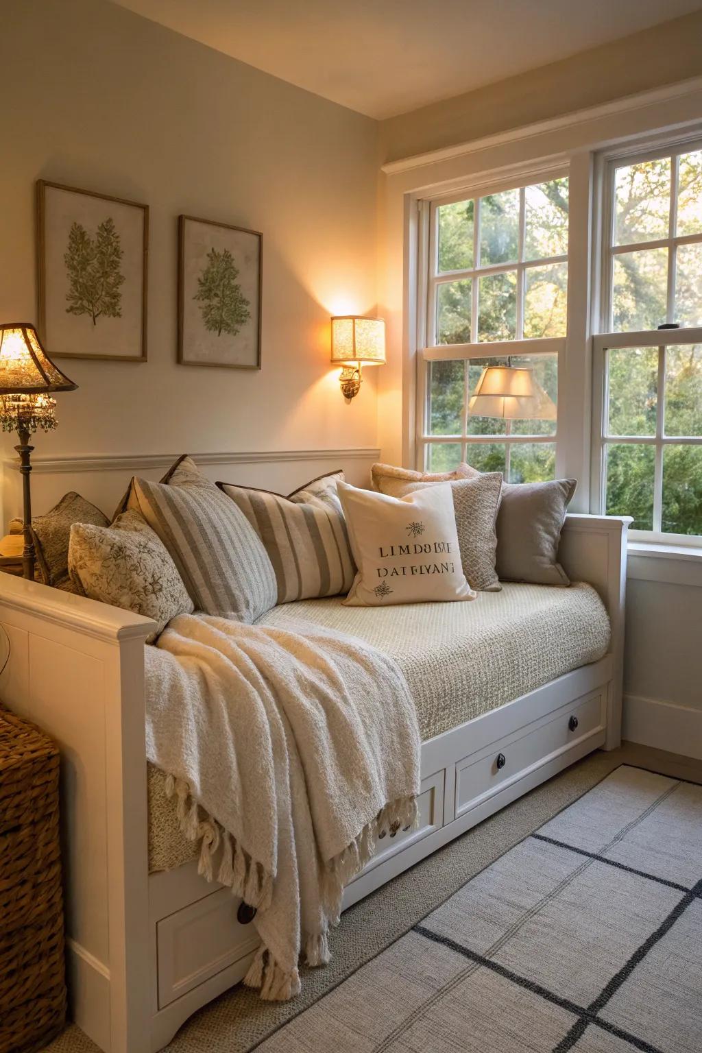 A corner daybed decorated with comfortable textiles