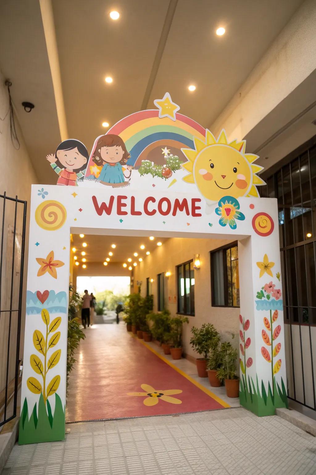 A vibrant welcome display greets families at the entrance, suggesting a nurturing environment inside.
