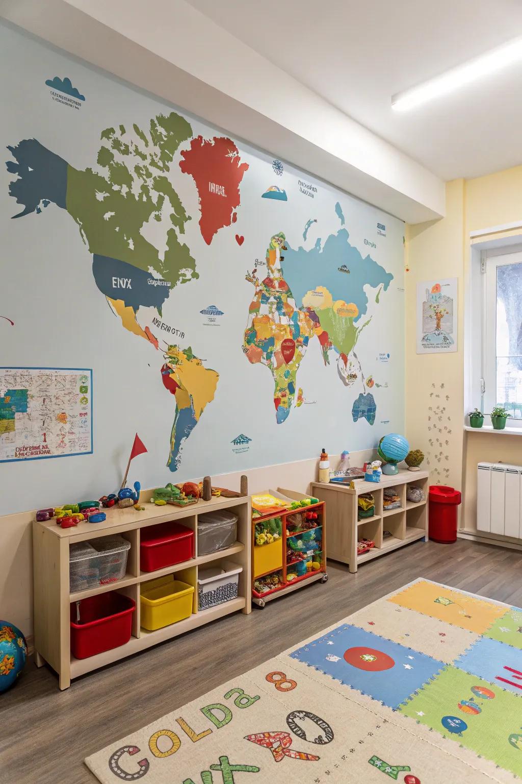 A daycare room decked out with cool, educational world map wallpaper.