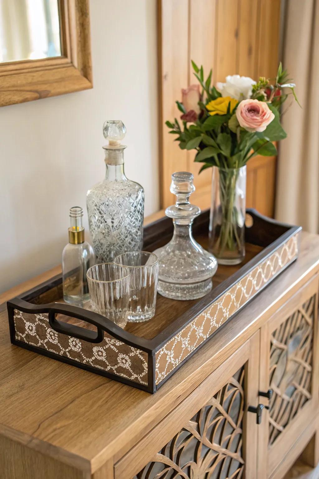 A sophisticated tray arrangement featuring glass vessels and lively blooms.