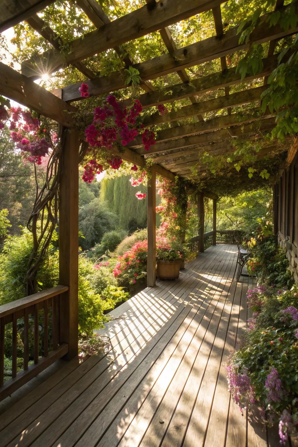 An arbor embellished with climbing flora fashions a quiet and shadowed deck space.