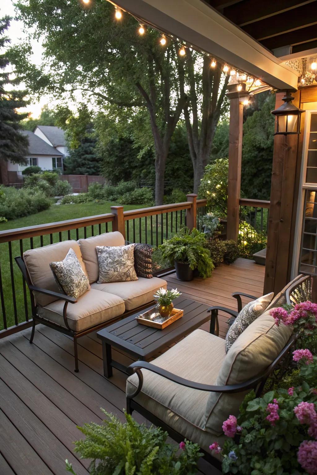A delightful seating nook on a deck, ideal for savoring a morning brew.
