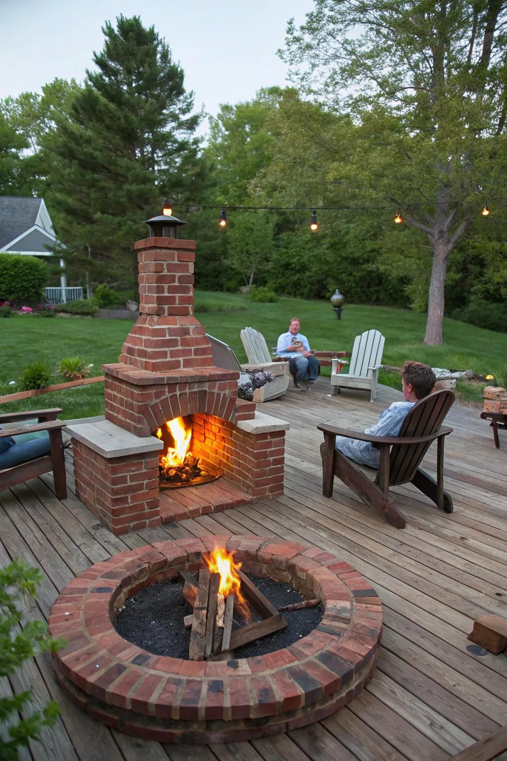 A traditional brick hearth on a wooden deck sets a rustic, welcoming mood.