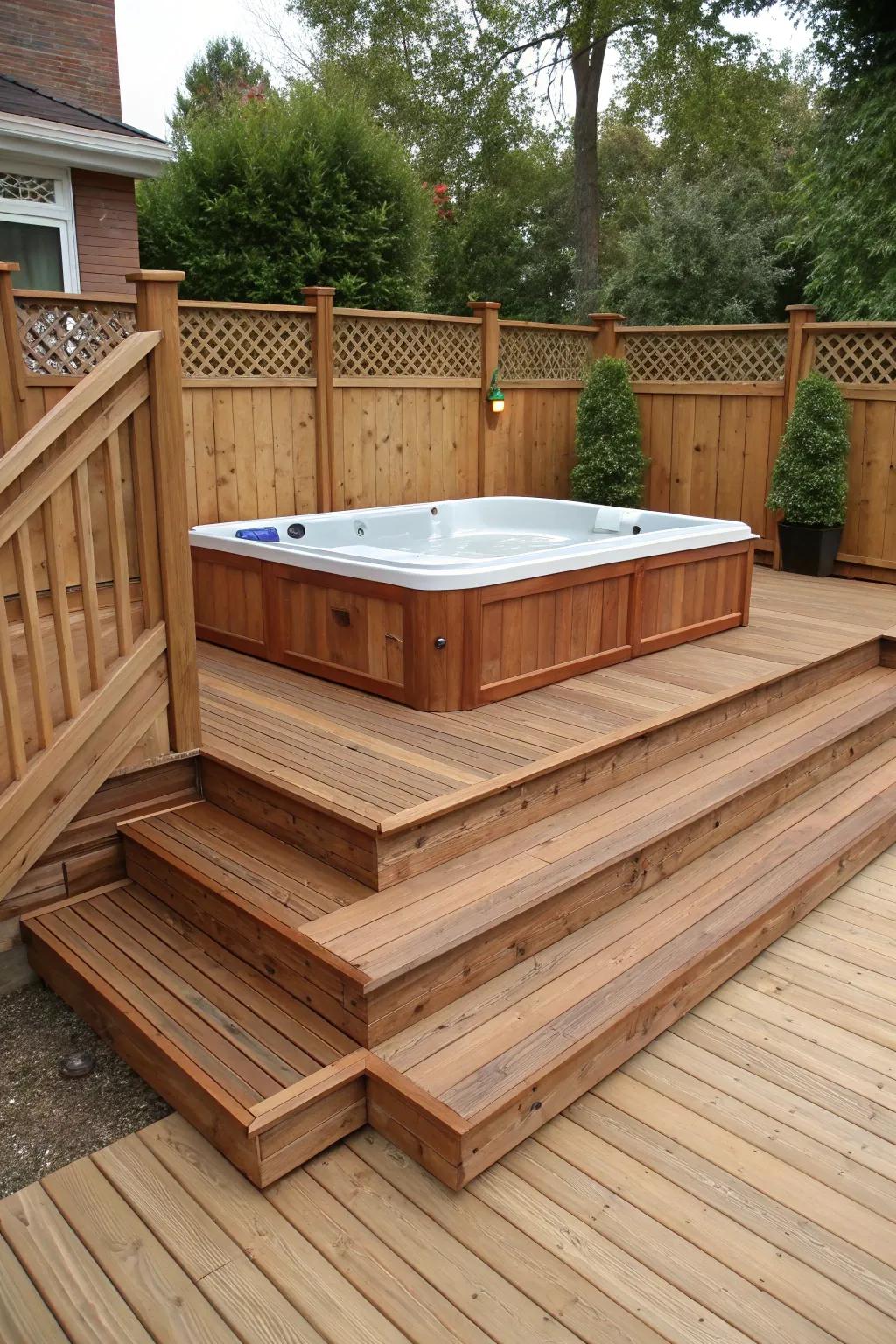 A hot tub fluidly incorporated into the deck's aesthetic.