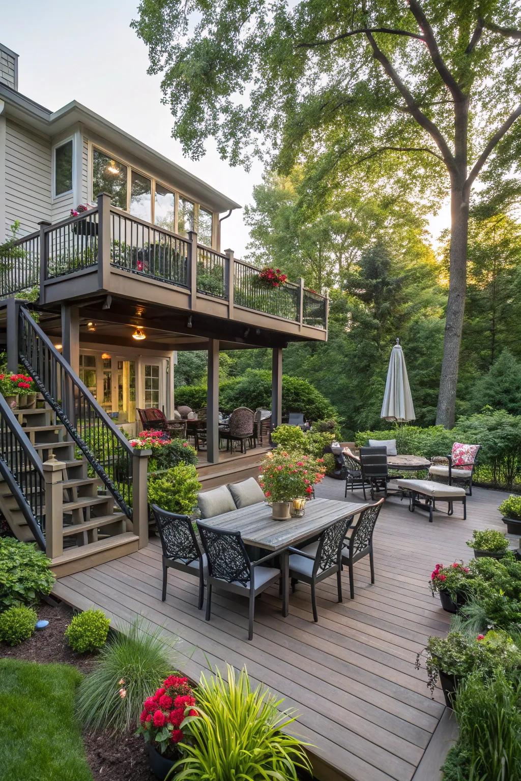Multilevel decks provide separate areas for a vibrant outdoor experience.
