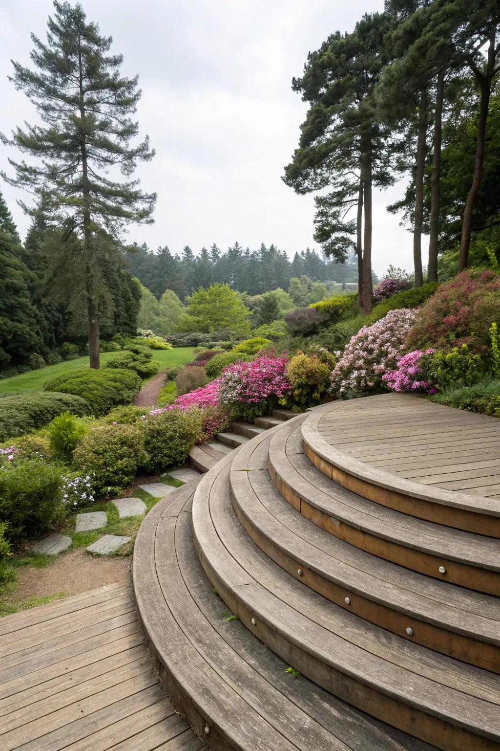 Curved deck steps merge with the surrounding nature