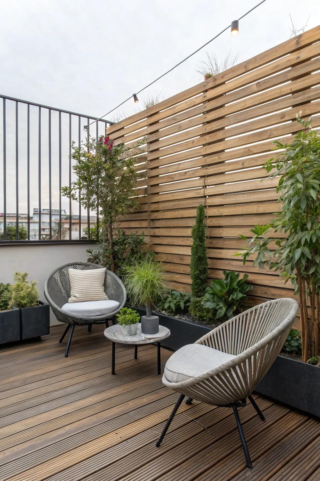 Craft a refined and private ambiance with a wooden slat wall.