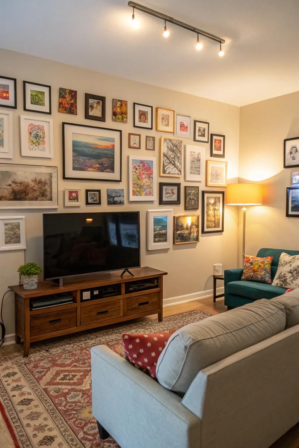 Integrating a gallery wall around the TV infuses personal charm and stimulates visual curiosity.