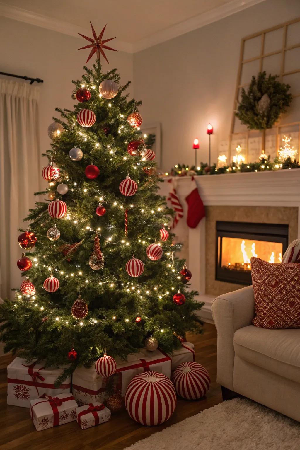 A Christmas tree radiating crimson and ivory lights, highlighted by peppermint baubles.