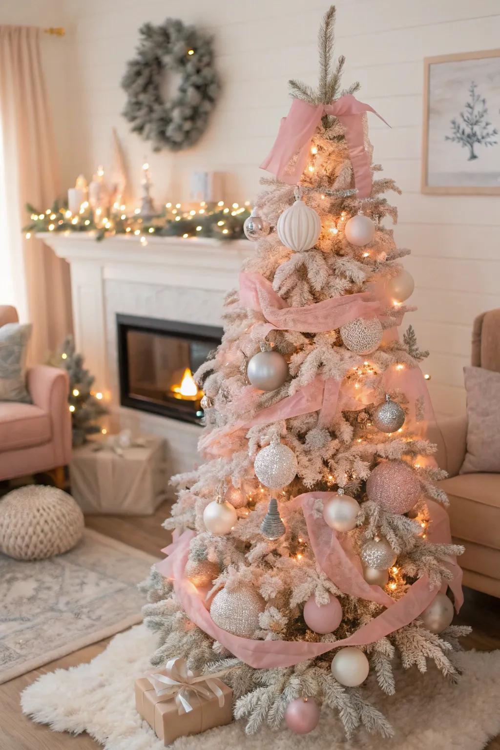 A light pink Christmas tree radiating sophistication in a welcoming atmosphere.