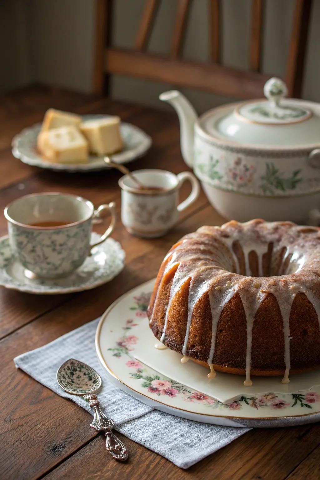 A bundt cake highlighted by a lustrous glaze that accentuates its inherent charm.