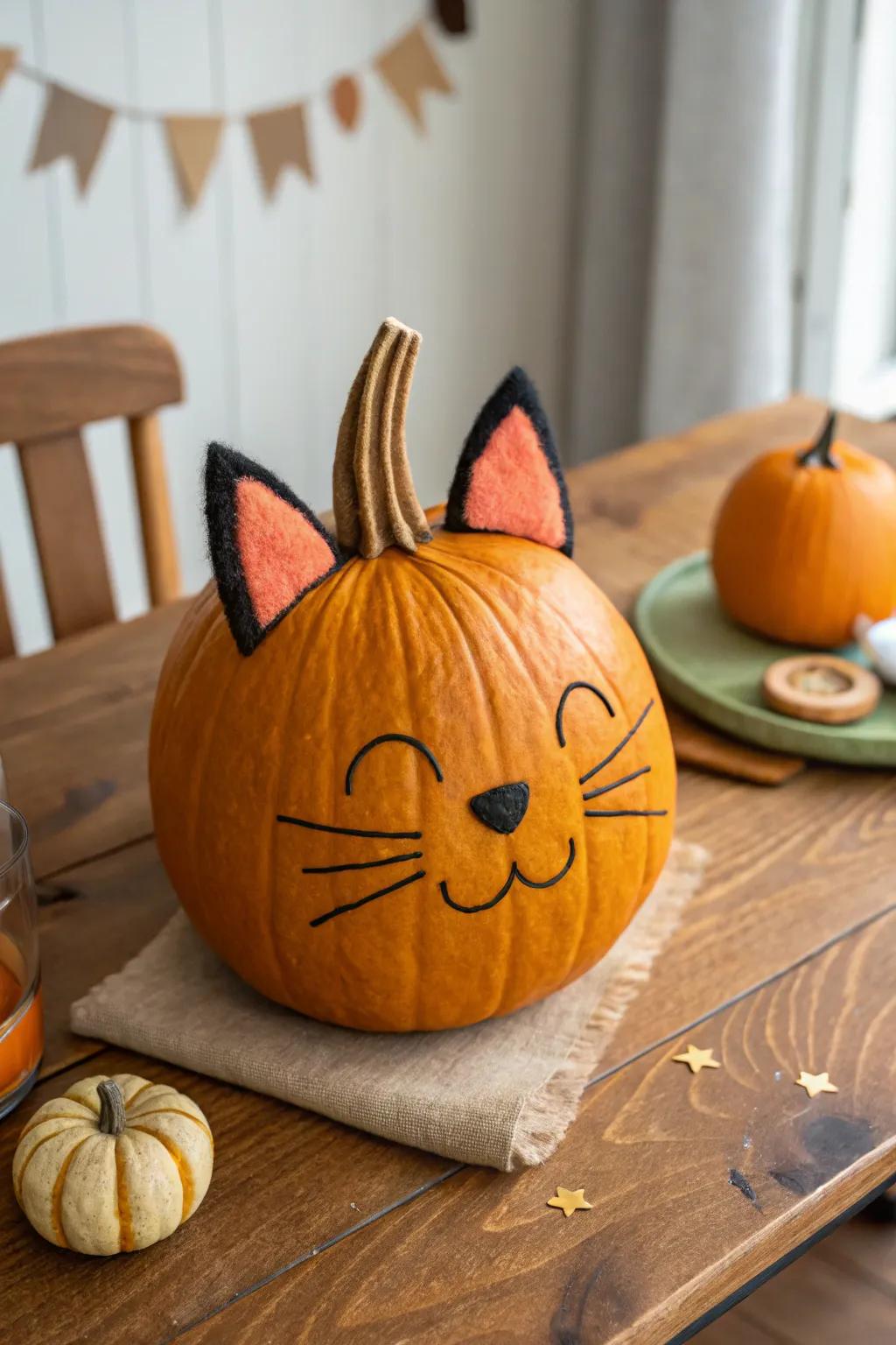 Turn your pumpkin into an adorable cat using felt and a bit of paint.