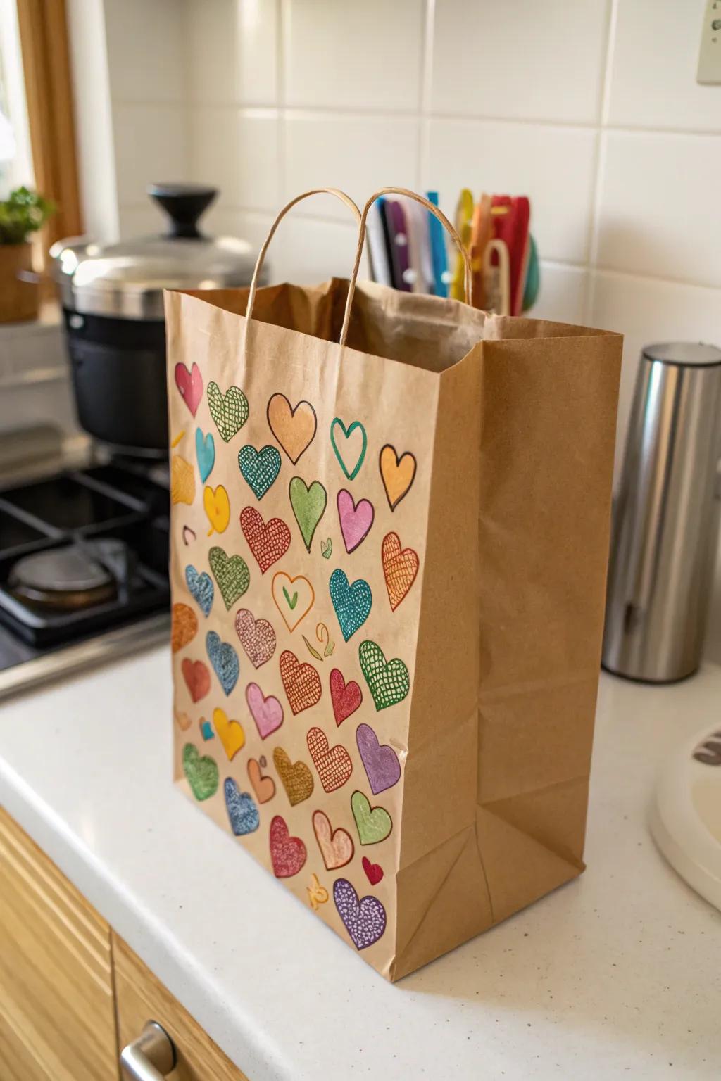 A heart-stamped paper bag all set to distribute some affection.