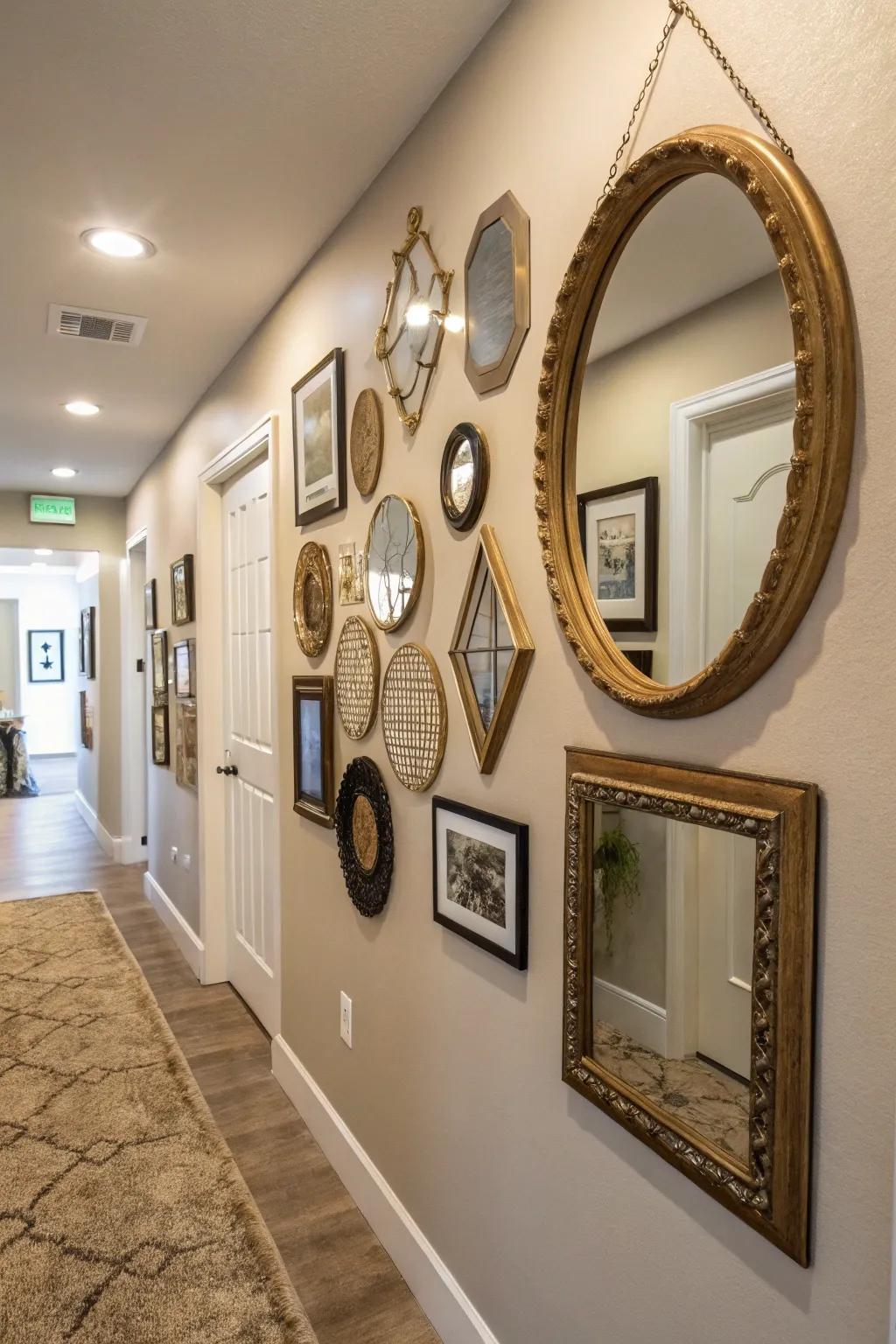 An eclectic mirror gallery wall injects vibrancy into a simple hallway.