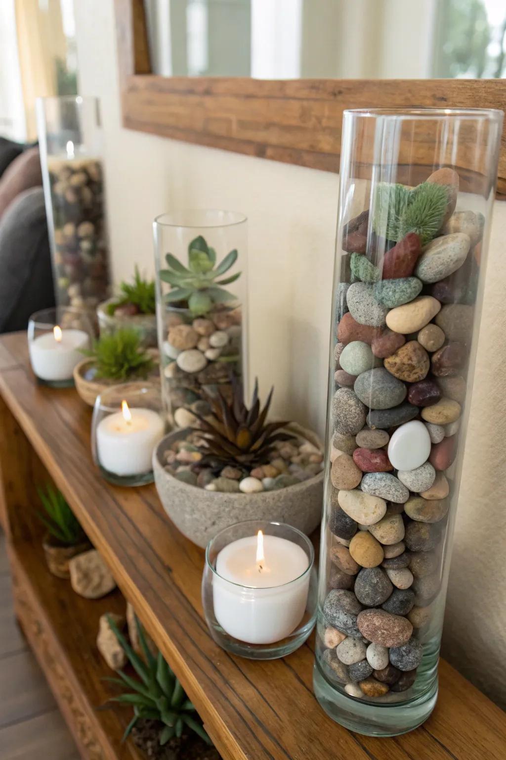 Turn basic glassware into amazing decor using pebbles and stones.