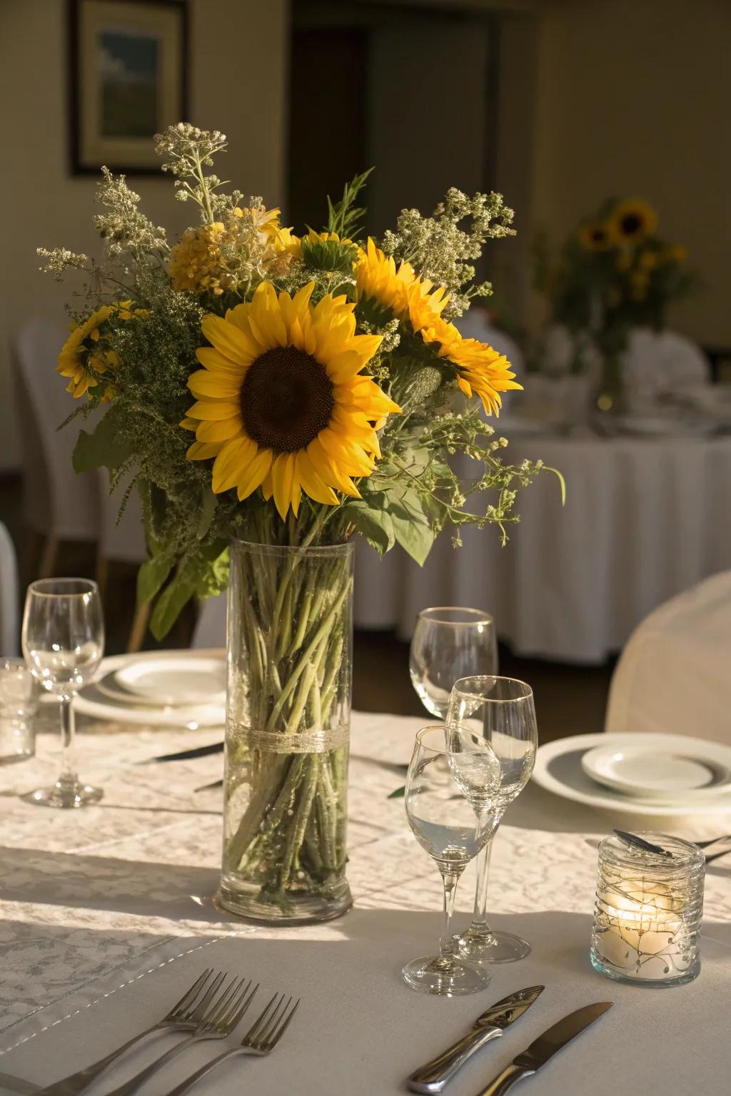 A gorgeous sunflower centerpiece can easily become the highlight of any dining space.