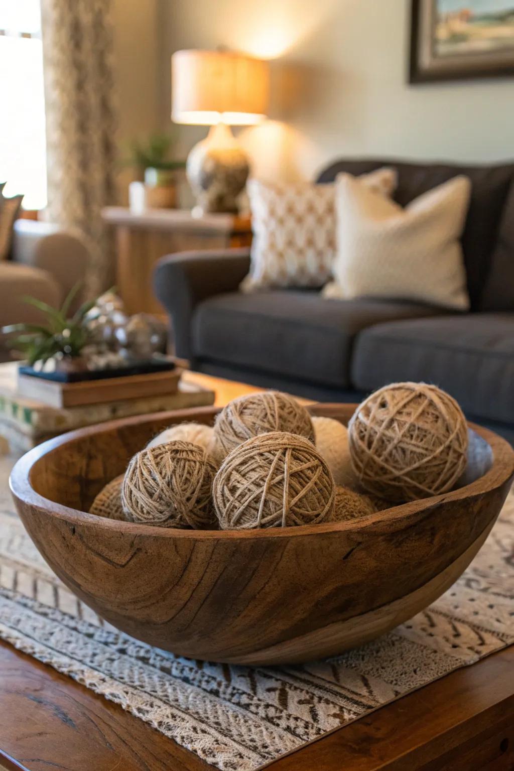 Jute-enclosed orbs adding a wilderness-inspired flair to a family room