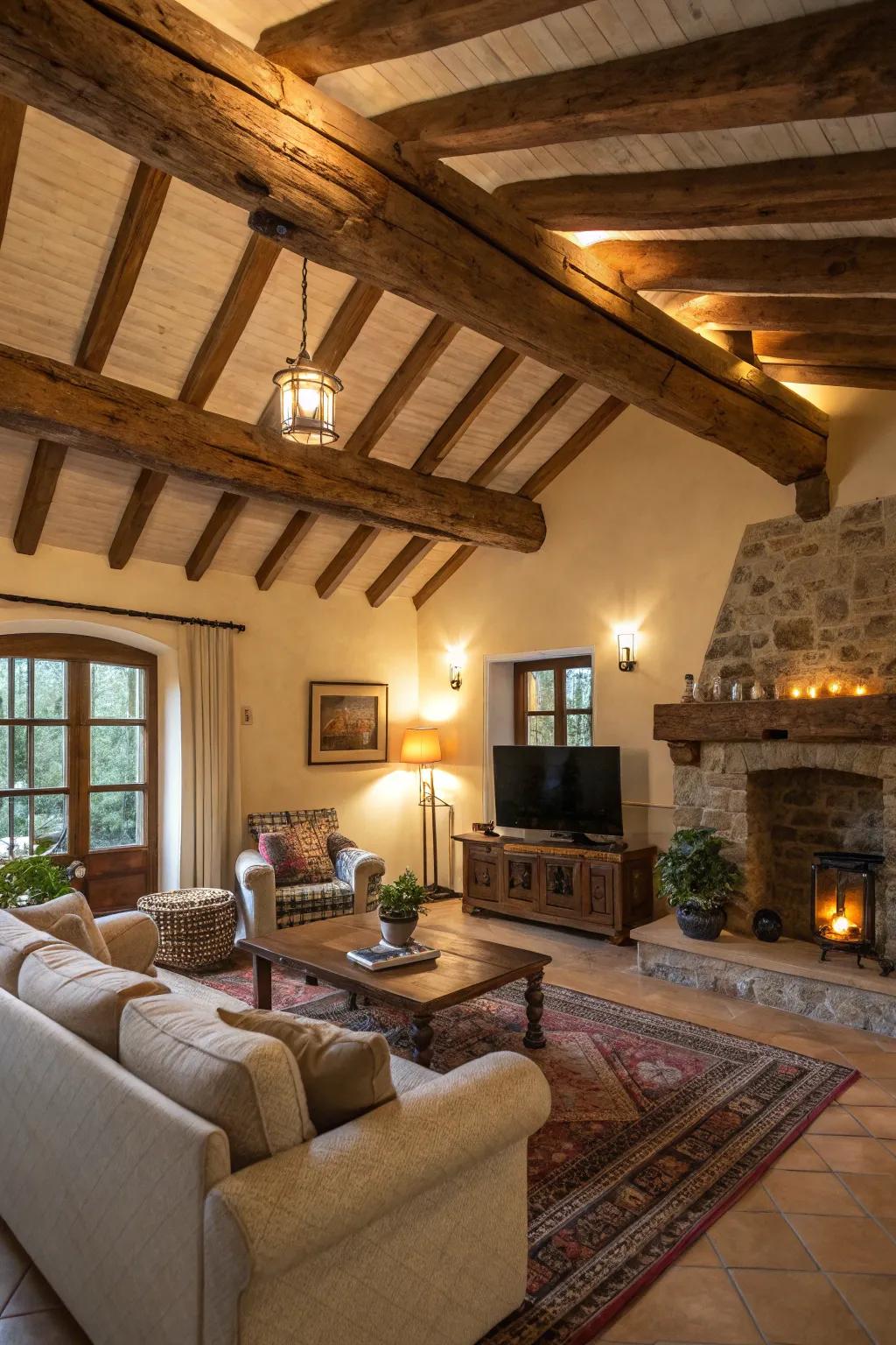 Rustic wooden beams infuse warmth and character into this inviting living space.