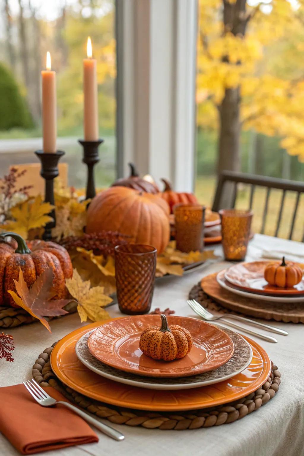 Fall-inspired serving plates highlighted by pumpkin accents.