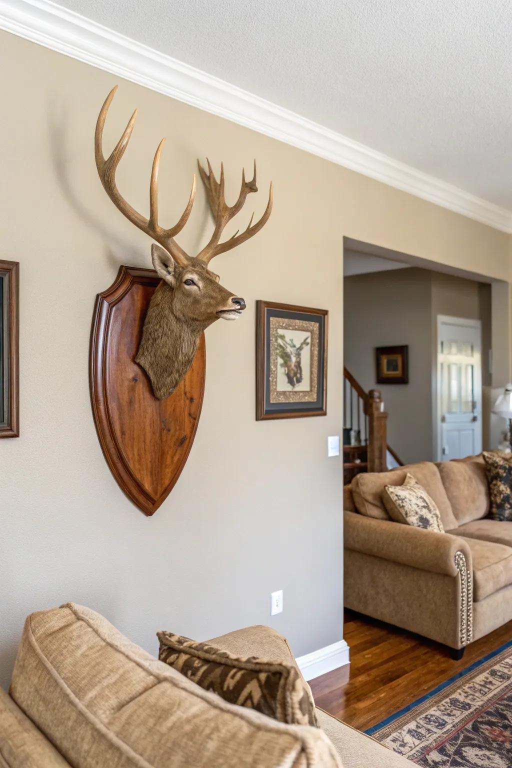A classic deer antler mount on a polished wooden plaque adds elegance to a neutral-toned living space.