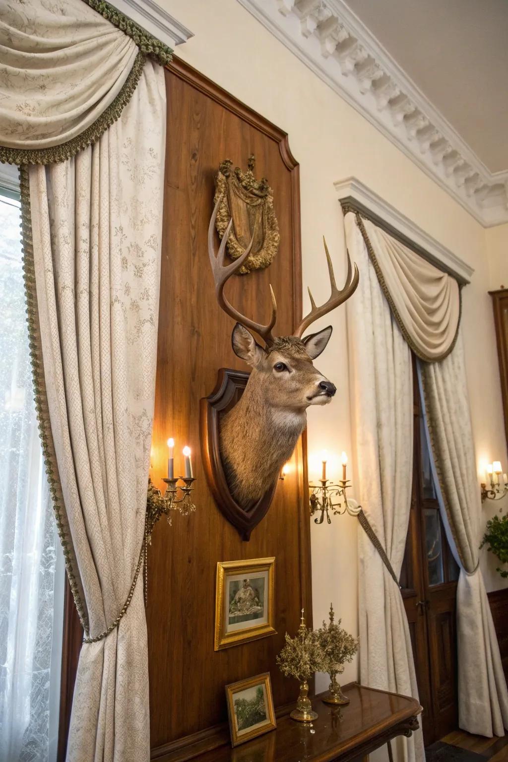A traditional deer mount showcased on a beautifully crafted wooden plaque.