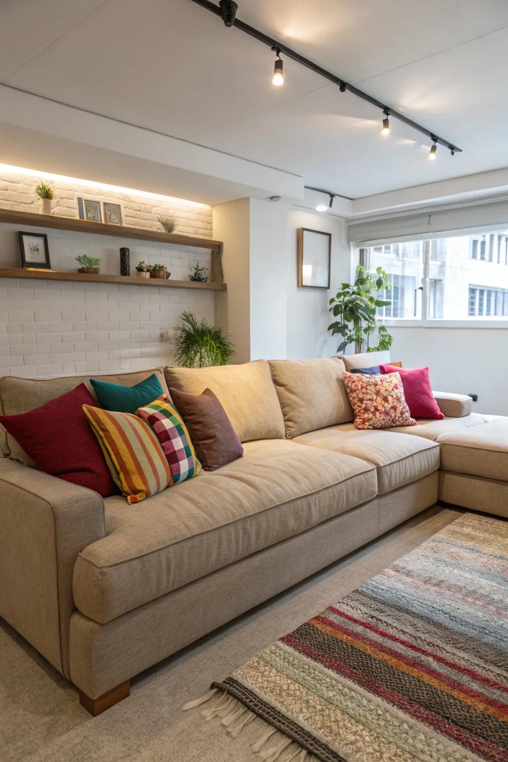 A contemporary den featuring a spacious sectional and vibrant decorations.