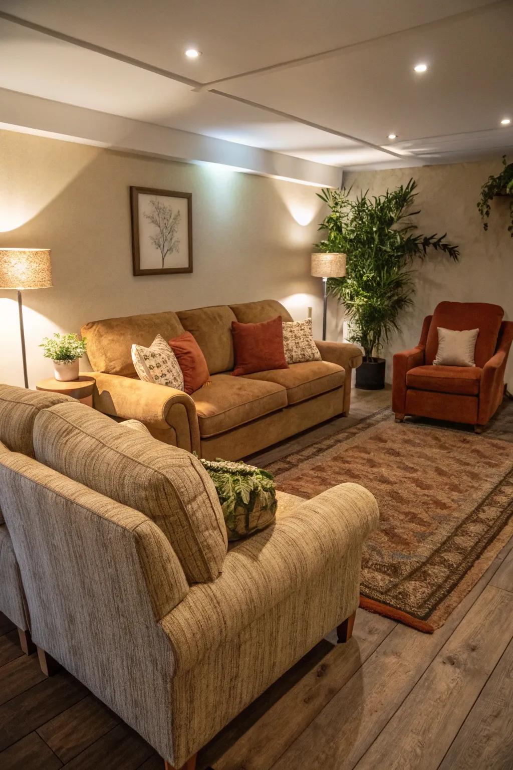 Soft sectionals and armchairs create an inviting setting.