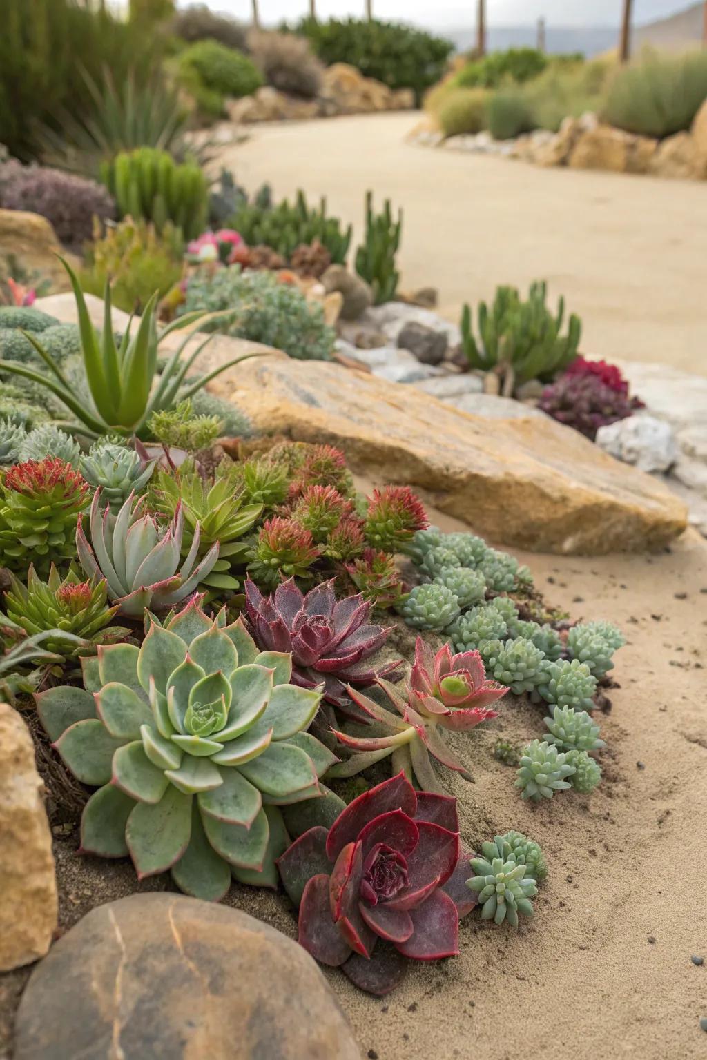 A bright mix of succulents adds life to any desert setting.