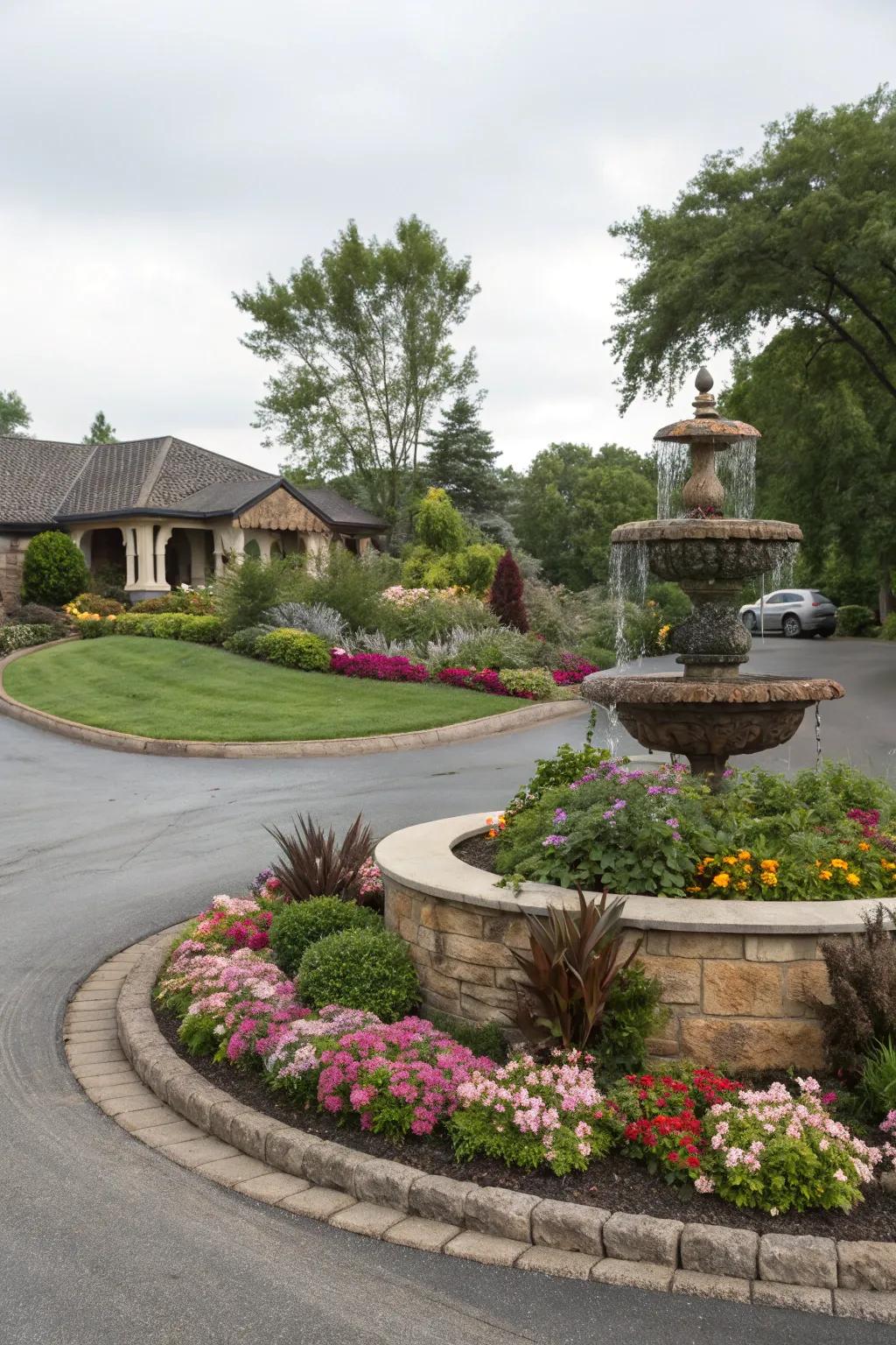 A central island flourishing with vibrant blooms and a fountain transforms this driveway into a captivating spectacle.