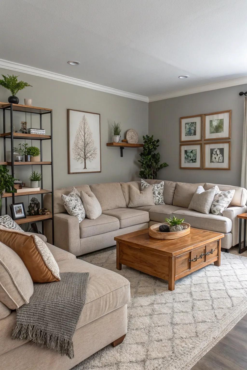 A tranquil living area showcasing a soft color scheme with refined decorations.