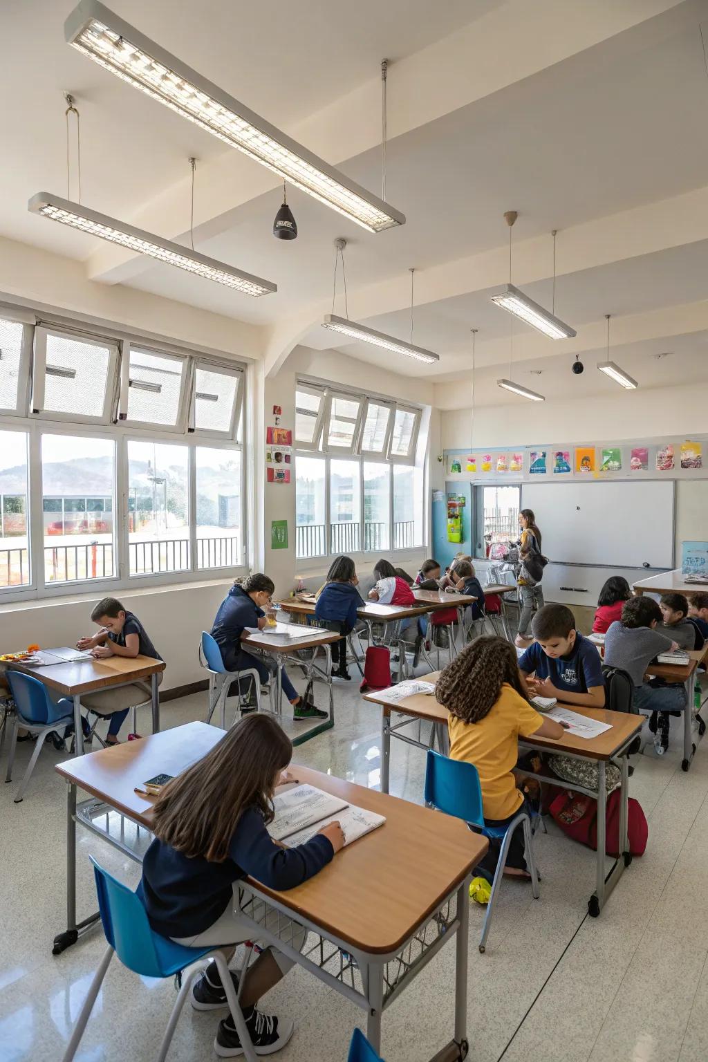 Grouped desks create a space that promotes working together in the classroom.