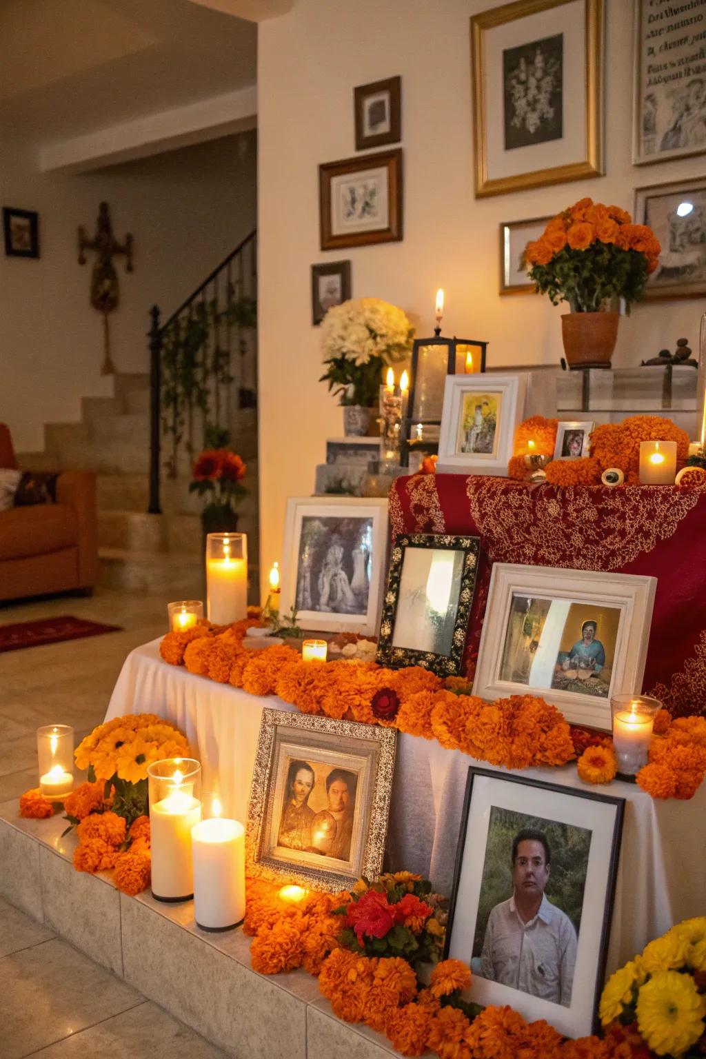 Photographs of beloved family members, encased in frames, form a pivotal element of this Dia de los Muertos altar.