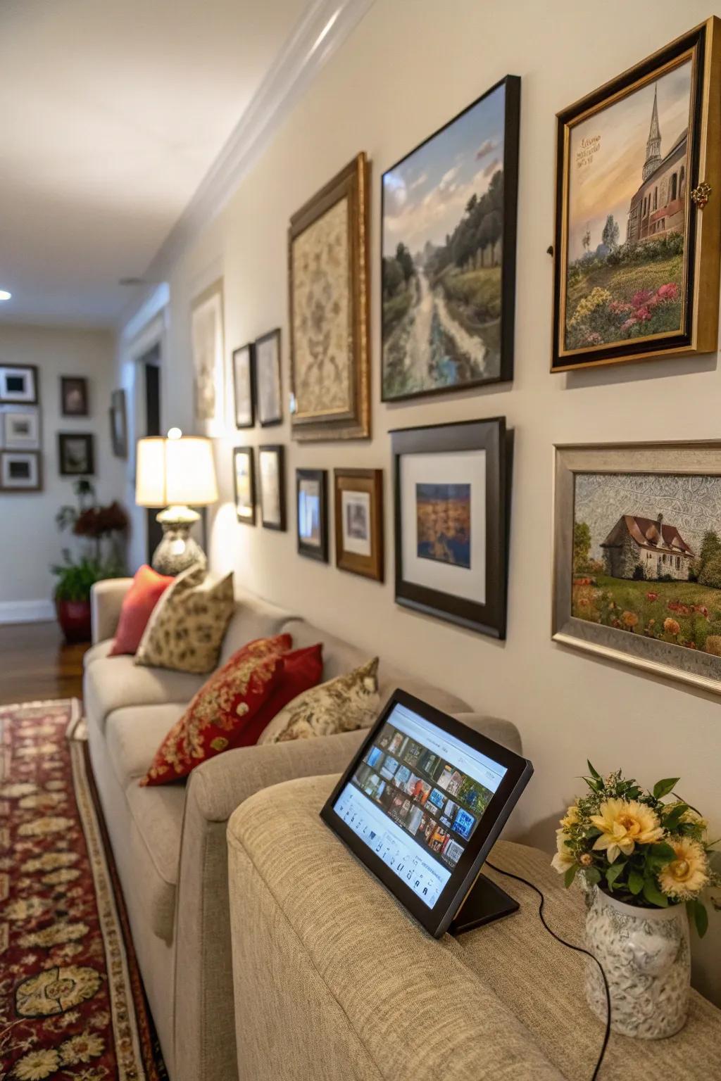 A gorgeous gallery wall combining digital art with classic pieces.