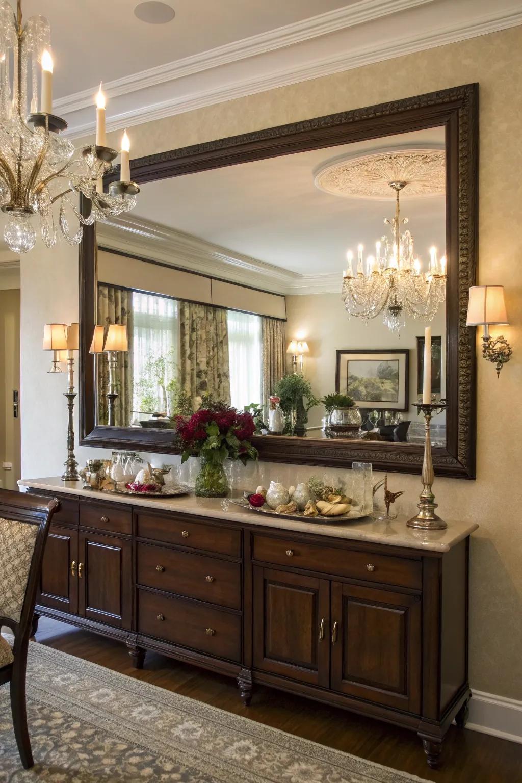 A grand mirror enhances depth and refinement to this dining sideboard arrangement.